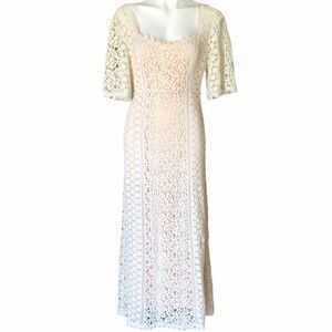 BCBGMaxAzria Crochet Bohemian Off-White With Orange Lining Style Maxi Dress Sz 6